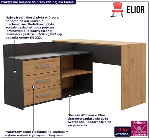 Biurko Narożne Z Regałem I Szufladami Artisan + Antracyt K6-H66