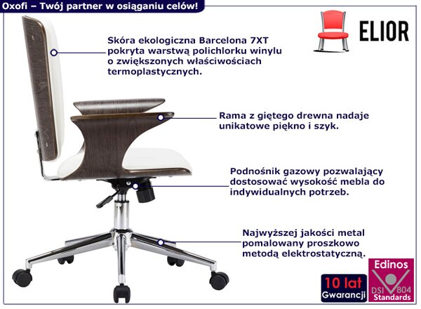 Biały fotel obrotowy z ekoskóry i drewna orzechowego K8-L46