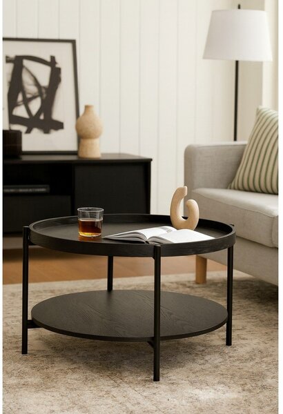 Czarny okrągły stolik w dekorze dębu ø 64 cm Hagen – Bonami Essentials