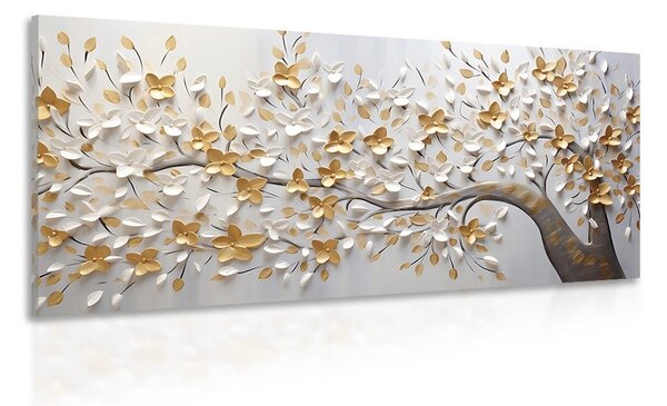 Obraz drzewo z biało-złotymi kwiatami