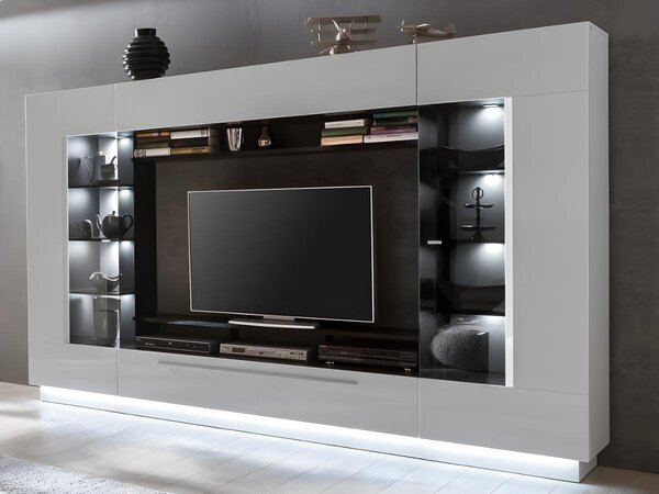 Ścianka RTV BLAKE z półkami — oświetlenie LED — biały lakier