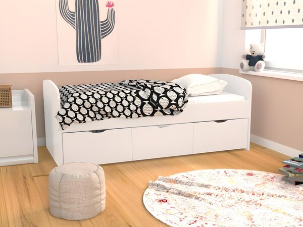 Łóżko LOUANE z 2 szufladami i 1 skrzynią - 90x190 c m - Kolor biały