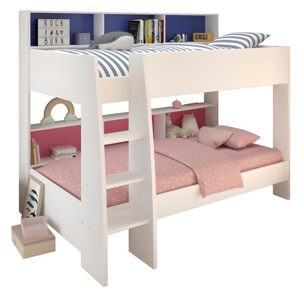 Łóżko piętrowe LENNY – 2 x 90 × 200 cm – Półki – Dwustronne tło różowe lub niebieskie