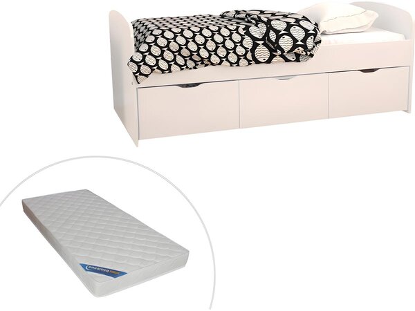 Łóżko LOUANE z 2 szufladami i 1 pojemnikiem na pościel – 90 × 190 cm – kolor biały, z materacem