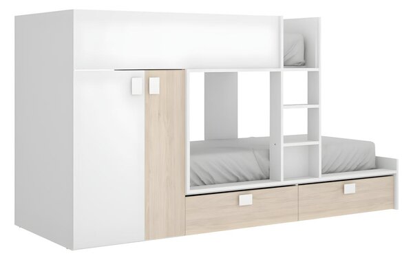 Łóżko piętrowe JUANITO – wbudowana szafa – 2 × 90 × 190 cm – kolor biały i dębowy