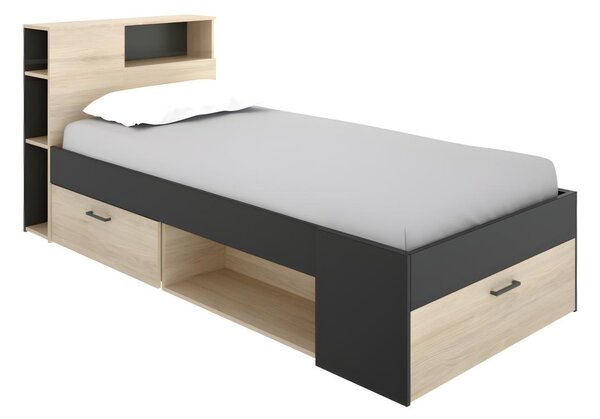 Łóżko LEANDRE z zagłówkiem, skrzynią i szufladą - 90x190 cm - Kolor: dąb i antracyt