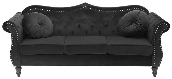 Trzyosobowa sofa welurowa pikowana czarna z okrągłymi poduszkami Skien Beliani