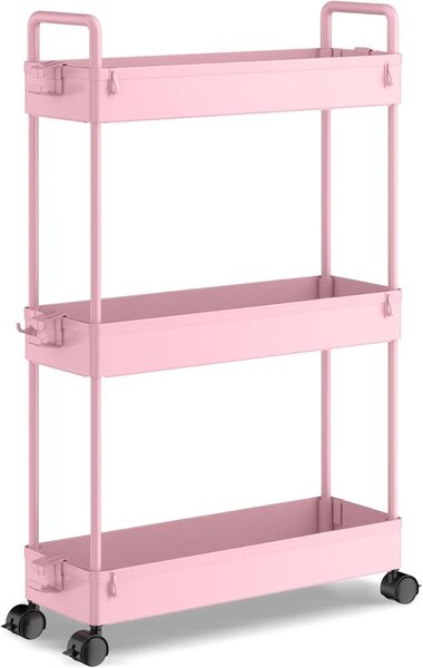 Wózek kuchenny na kółkach 13 x 40 x 61 cm, 3 półki, tworzywo sztuczne, różowy, do kuchni