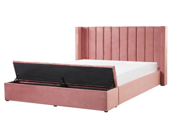 Łóżko welurowe z wezgłowiem i stelażem z ławką 160x200 cm różowe Noyers Beliani