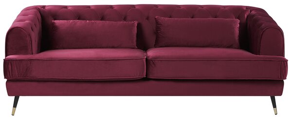 Trzyosobowa sofa welurowa pikowana z 2 poduszkami burgundowa styl retro Sletta Beliani