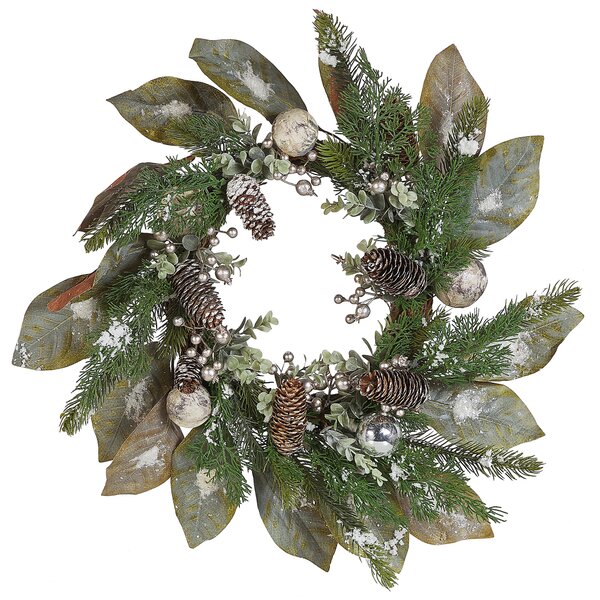 Okrągły wieniec świąteczny drewniany syntetyczny szyszki śnieg 60 cm zielony Tieva Beliani