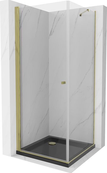 Mexen Pretoria kabina prysznicowa uchylna 100 x 100 cm, transparent, złota + brodzik Flat, czarny - 852-100-100-50-00-4070G