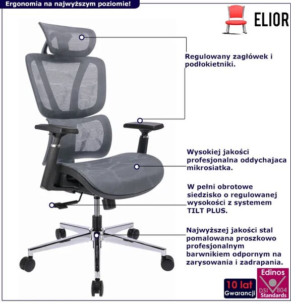 Szare ergonomiczne krzesło biurowe z zagłówkiem M2-T70