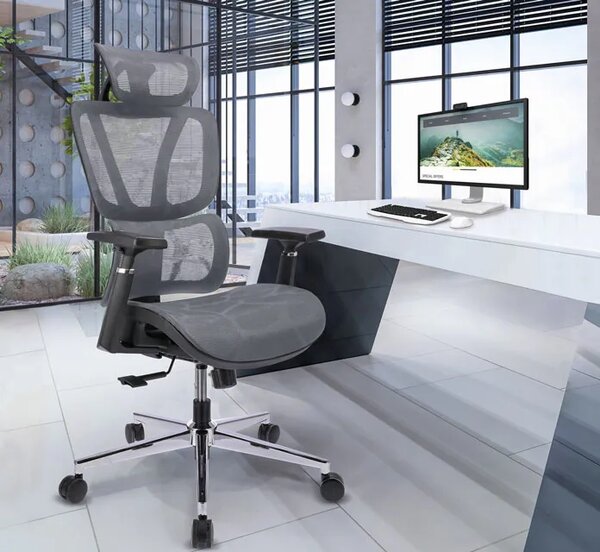 Szare ergonomiczne krzesło biurowe z zagłówkiem M2-T70