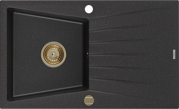 Mexen Cesar zlewozmywak granitowy 1-komorowy z ociekaczem 775 x 470 mm, czarny/srebrny metalik, syfon złoty - 6514771010-73-G