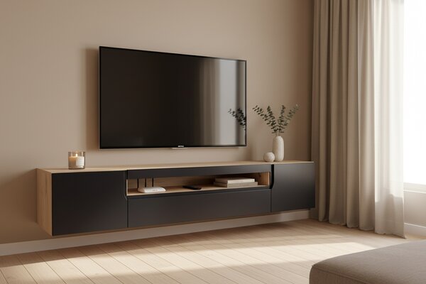 Szafka RTV wisząca Loftia 200 cm dwudrzwiowa z wnęką - artisan / czarny mat
