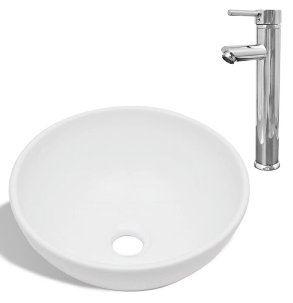 Umywalka z baterią mieszającą, ceramiczna, okrągła, biała