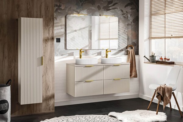 MebleMWM Zestaw meblowy 120cm z blatem, 2 umywalkami nablatowymi Smile i Szafką wysoką | Kolekcja ADEL CASHMERE | Kaszmirowy Mat