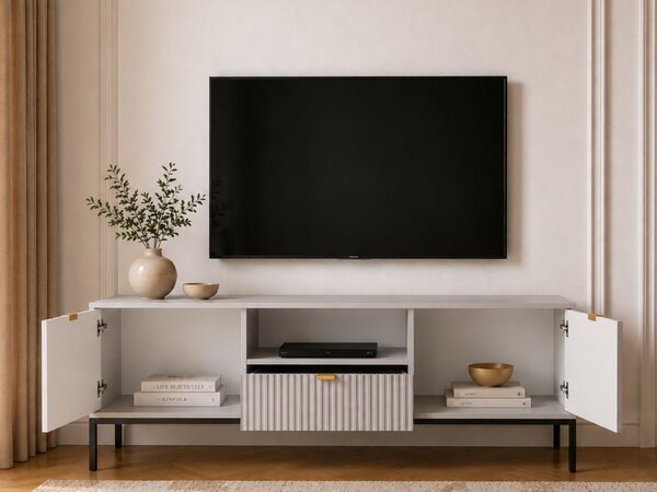 Szafka pod telewizor z szufladami i drzwiczkami Amber szara na czarnych nogach