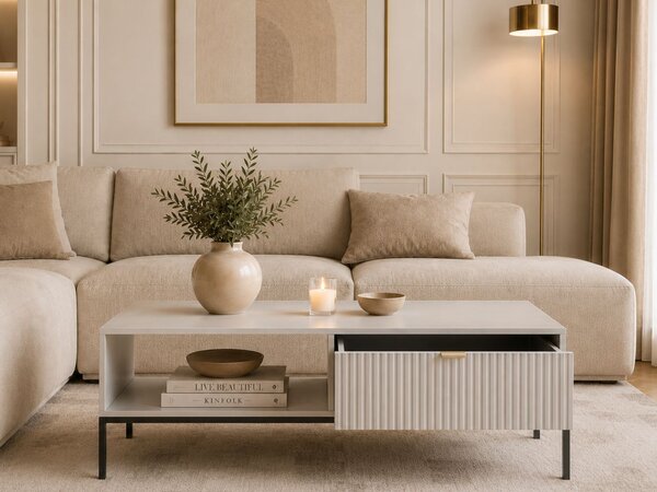 Stolik kawowy z szufladą Amber szary na czarnych nogach