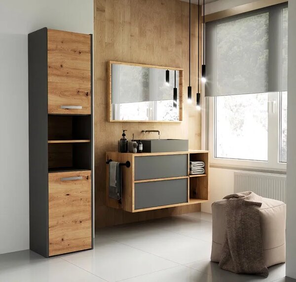 Wysoka szafka łazienkowa z półkami - antracyt + dąb artisan D1-F85