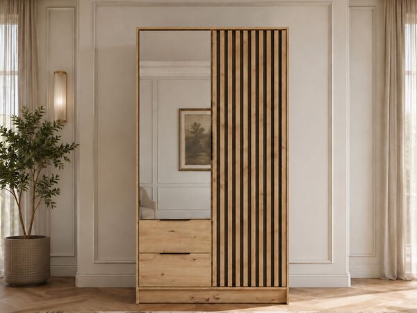 Szafa dwudrzwiowa z drzwiami uchylnymi 105 cm Macron Dąb Artisan z lustrem i lamelami