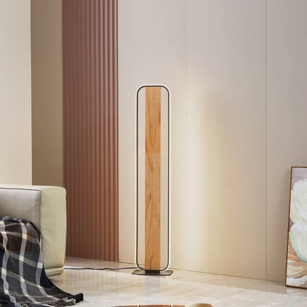 Lampa stojąca LED Romilda Lindby, jasne drewno, salon / jadalnia, dworkowy / rustykalny