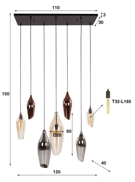 ZIJLSTRA Lampa wisząca szklana Mixture 4+3, możliwość ściemniania, multikolor, salon / jadalnia, szkło