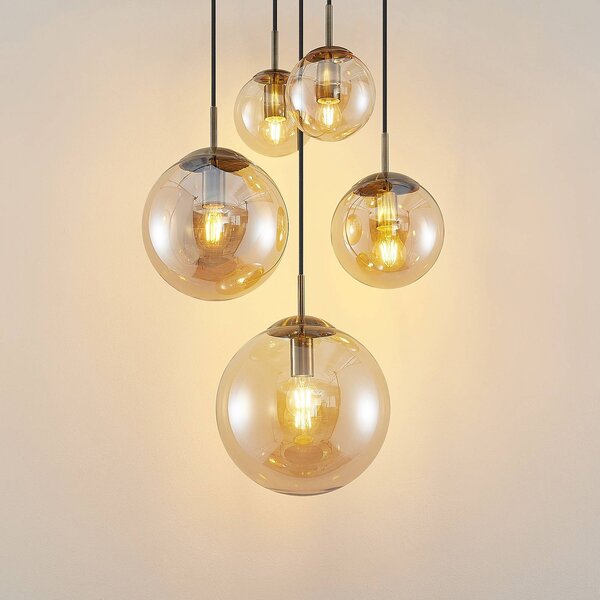 Lampa wisząca szklana Teeja Lindby, możliwość ściemniania, kremowy / amber, salon / jadalnia, szkło, vintage