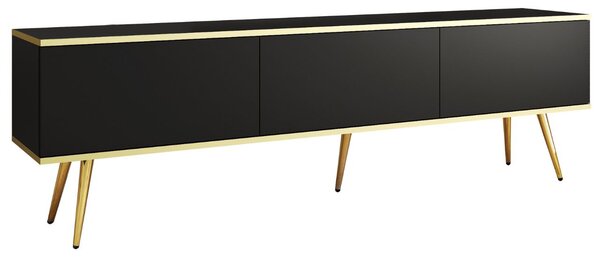 Szafka pod telewizor z drzwiczkami 175 cm z gładkim frontem Czarna na złotych nogach
