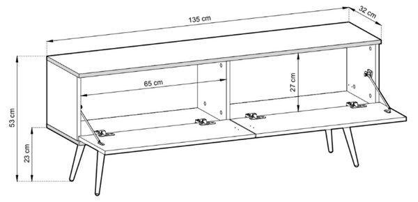 Szafka pod telewizor z drzwiczkami 135 cm z gładkim frontem Diolo Czarna na złotych nogach