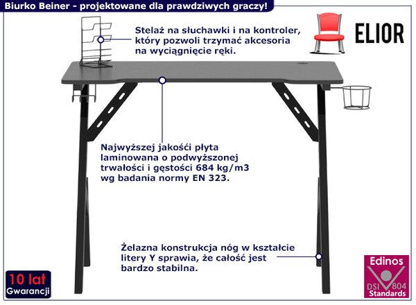 Czarne biurko gamingowe z metalowym stelażem K3-A20