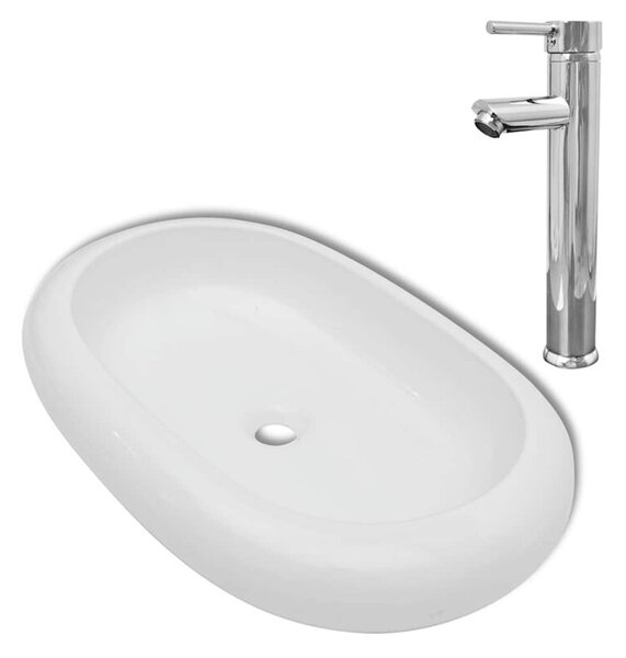 Umywalka z baterią mieszającą, ceramiczna, owalna, biała