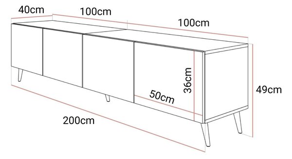 Szafka RTV pod telewizor z drzwiczkami i oświetleniem LED na złotych nóżkach 200 cm Noaé Biały Połysk