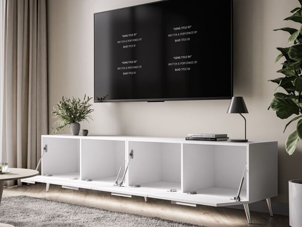 Szafka RTV pod telewizor z drzwiczkami i oświetleniem LED na srebrnych nóżkach 200 cm Noaé Biały Połysk