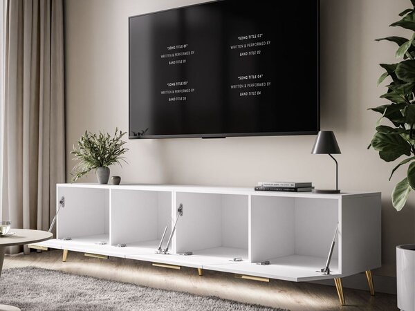 Szafka RTV pod telewizor z drzwiczkami i oświetleniem LED na złotych nóżkach 200 cm Noaé Biały Połysk
