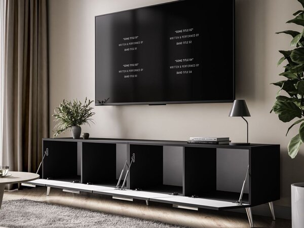 Szafka RTV pod telewizor z drzwiczkami i oświetleniem LED na srebrnych nóżkach 200 cm Noaé Czarny Połysk
