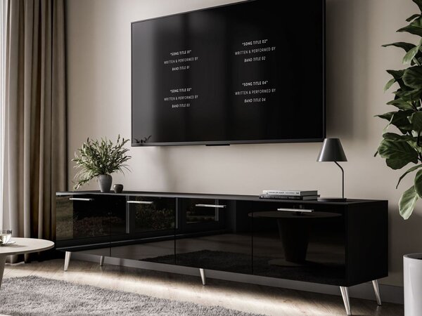 Szafka RTV pod telewizor z drzwiczkami i oświetleniem LED na srebrnych nóżkach 200 cm Noaé Czarny Połysk