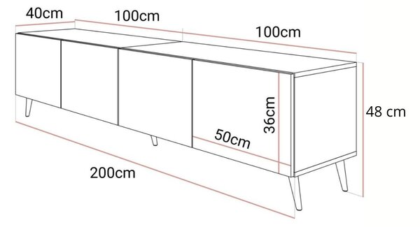 Szafka RTV pod telewizor z drzwiczkami i oświetleniem LED na czarno-złotych nóżkach 200 cm Noaé Czarny Połysk