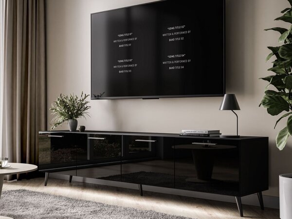 Szafka RTV pod telewizor z drzwiczkami i oświetleniem LED na czarnych nóżkach 200 cm Noaé Czarny Połysk