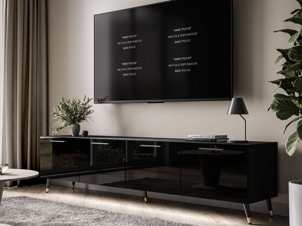 Szafka RTV pod telewizor z drzwiczkami i oświetleniem LED na czarno-złotych nóżkach 200 cm Noaé Czarny Połysk