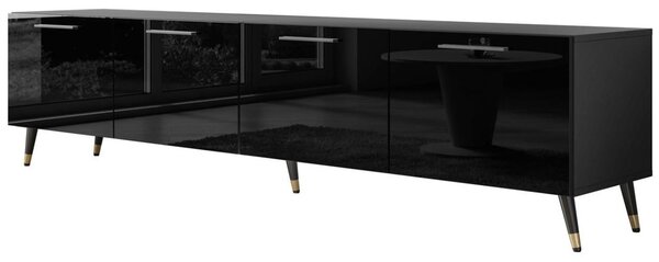 Szafka RTV pod telewizor z drzwiczkami i oświetleniem LED na czarno-złotych nóżkach 200 cm Noaé Czarny Połysk