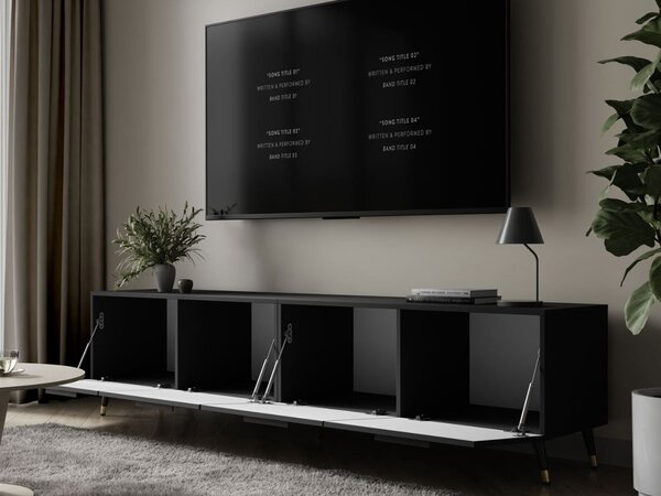 Szafka pod telewizor z drzwiczkami na czarno-złotych nóżkach 200 cm Noaé Czarny Połysk