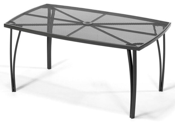 Prostokątny stół ogrodowy o wymiarach 150 x 90 x 71 cm wykonany jest z metalu z czarnym lakierowanym wykończeniem