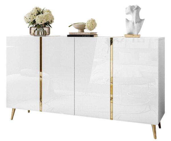 Czterodrzwiowa komoda 158 cm w stylu glamour na złotych nogach Lunelie biały połysk