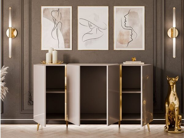 Czterodrzwiowa komoda 158 cm w stylu glamour na złotych nogach Lunelie kaszmir połysk