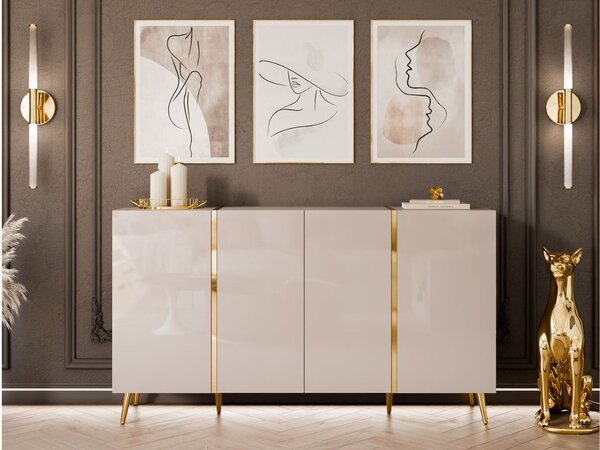Czterodrzwiowa komoda 158 cm w stylu glamour na złotych nogach Lunelie kaszmir połysk