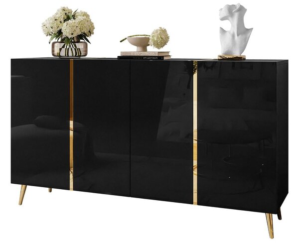 Czterodrzwiowa komoda 158 cm w stylu glamour na złotych nogach Lunelie czarny połysk