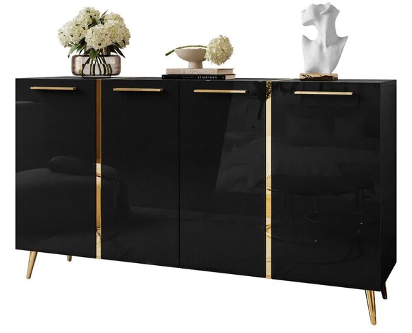 Czterodrzwiowa komoda 158 cm w stylu glamour ze złotymi uchwytami i nogami Lunelie czarny połysk