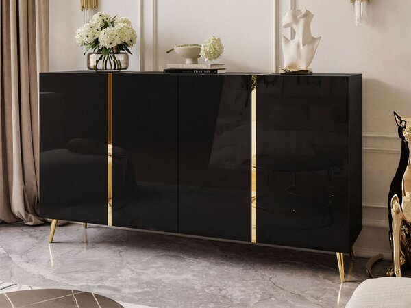 Czterodrzwiowa komoda 158 cm w stylu glamour na złotych nogach Lunelie czarny połysk
